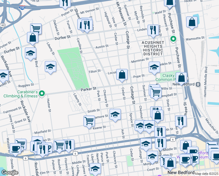 map of restaurants, bars, coffee shops, grocery stores, and more near 47 Shawmut Avenue in New Bedford