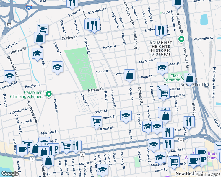 map of restaurants, bars, coffee shops, grocery stores, and more near 490 Park Street in New Bedford
