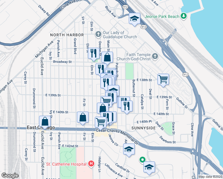 map of restaurants, bars, coffee shops, grocery stores, and more near 3828 Pulaski Street in East Chicago