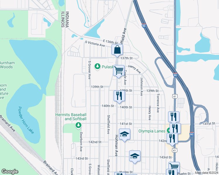 map of restaurants, bars, coffee shops, grocery stores, and more near 244 East 139th Street in Hammond