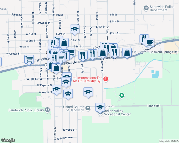 map of restaurants, bars, coffee shops, grocery stores, and more near 305 Wentworth Drive in Sandwich