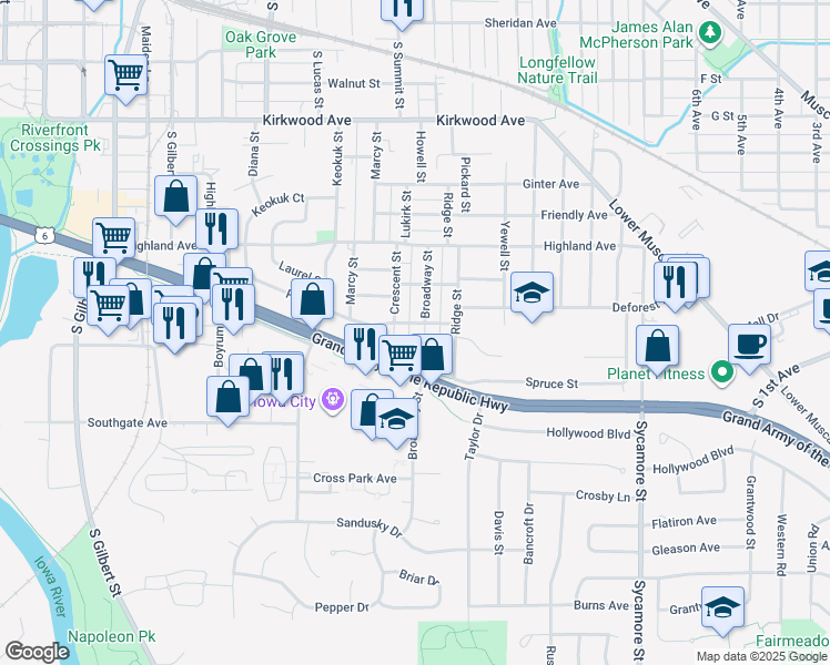 map of restaurants, bars, coffee shops, grocery stores, and more near 1622 Crescent Street in Iowa City