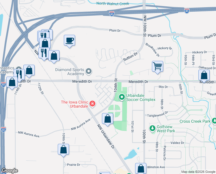 map of restaurants, bars, coffee shops, grocery stores, and more near 10520 Meredith Drive in Urbandale