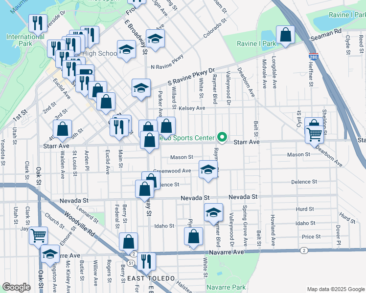 map of restaurants, bars, coffee shops, grocery stores, and more near 1216 Starr Avenue in Toledo