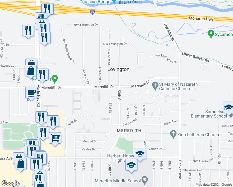 map of restaurants, bars, coffee shops, grocery stores, and more near 5001 Crestmoor Drive in Des Moines