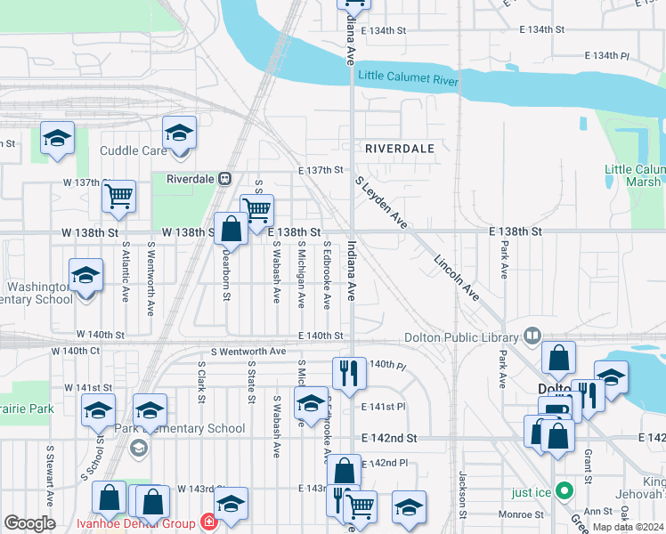 map of restaurants, bars, coffee shops, grocery stores, and more near 13831 South Edbrooke Avenue in Riverdale