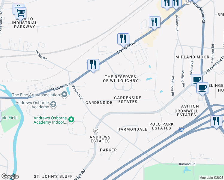 map of restaurants, bars, coffee shops, grocery stores, and more near 4568 Firestone Way in Willoughby