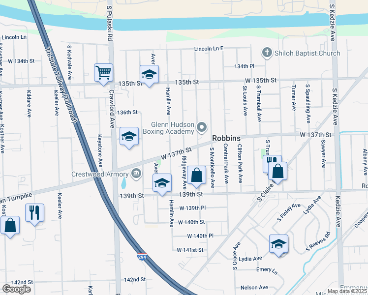 map of restaurants, bars, coffee shops, grocery stores, and more near in Robbins