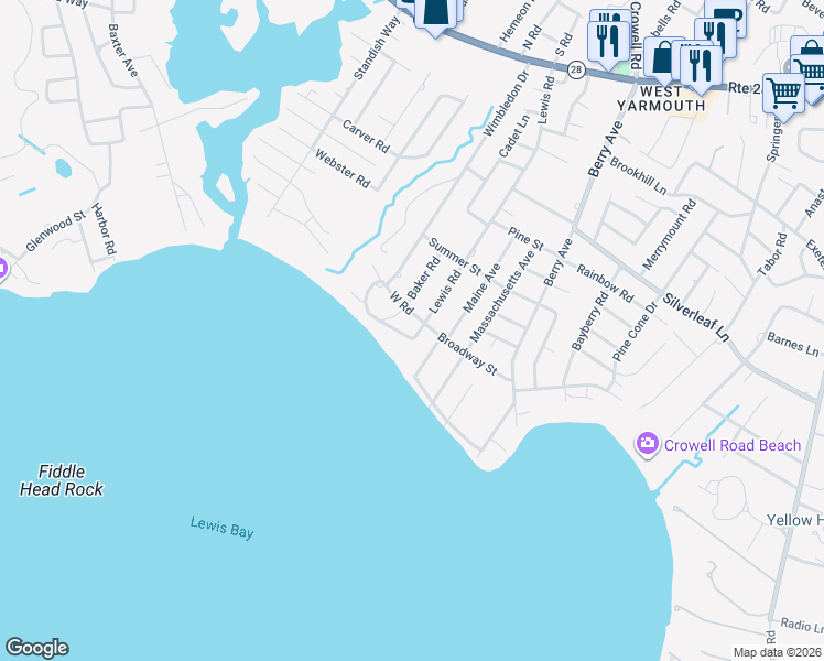 map of restaurants, bars, coffee shops, grocery stores, and more near 15 Hedge Row in Yarmouth