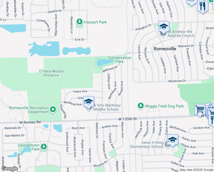 map of restaurants, bars, coffee shops, grocery stores, and more near 436 Clifton Avenue in Romeoville