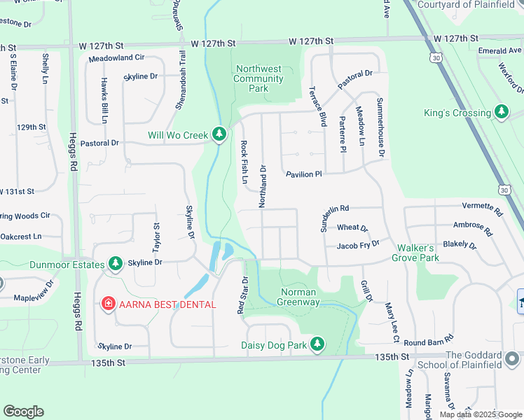 map of restaurants, bars, coffee shops, grocery stores, and more near Northland Drive & Cinnamon Court in Plainfield