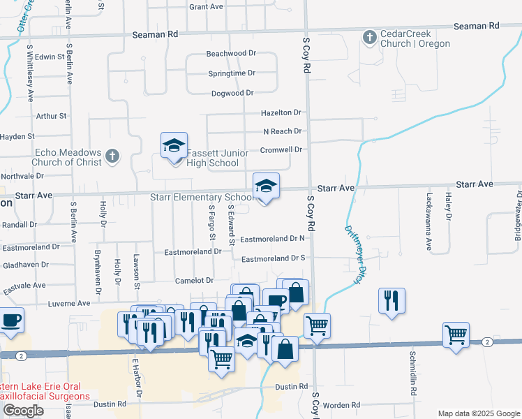 map of restaurants, bars, coffee shops, grocery stores, and more near 3230 Starr Avenue in Oregon
