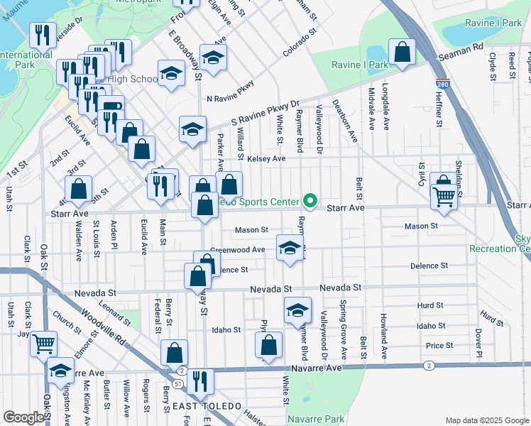 map of restaurants, bars, coffee shops, grocery stores, and more near 1308 Starr Avenue in Toledo