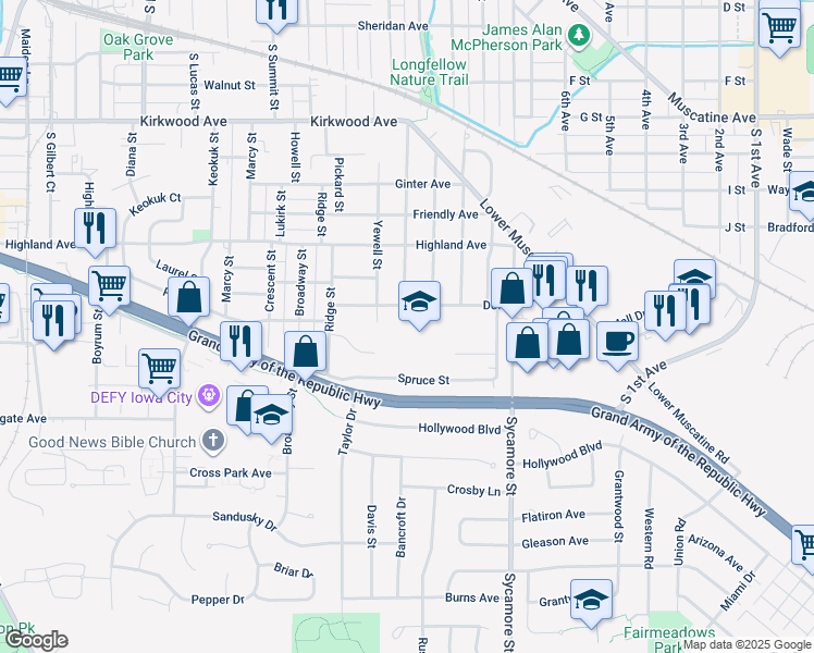 map of restaurants, bars, coffee shops, grocery stores, and more near 1355 Deforest Avenue in Iowa City