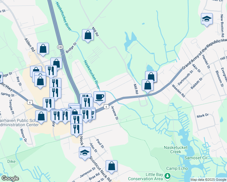 map of restaurants, bars, coffee shops, grocery stores, and more near 21 Prince Street in Fairhaven