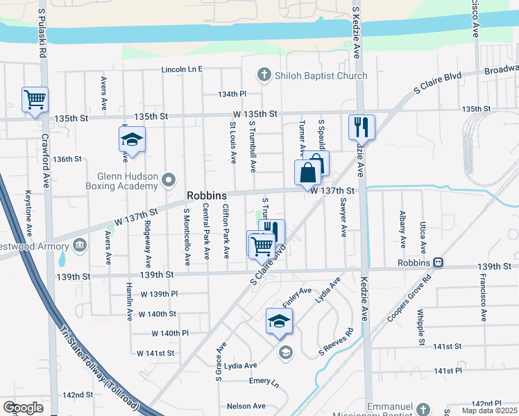 map of restaurants, bars, coffee shops, grocery stores, and more near 13725 South Trumbull Avenue in Robbins