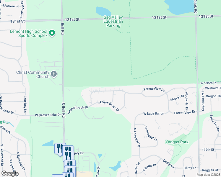 map of restaurants, bars, coffee shops, grocery stores, and more near 13529 Turnberry Lane in Orland Park