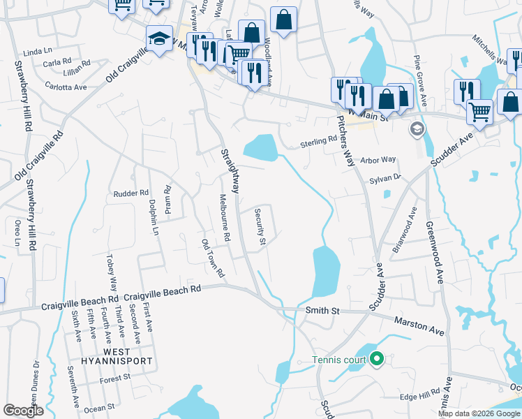 map of restaurants, bars, coffee shops, grocery stores, and more near 79 Homeport Drive in Barnstable