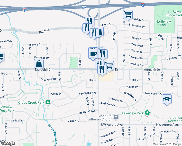 map of restaurants, bars, coffee shops, grocery stores, and more near 8704 Meredith Drive in Urbandale
