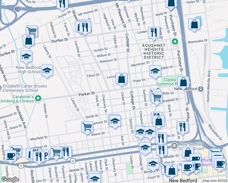 map of restaurants, bars, coffee shops, grocery stores, and more near 47 Shawmut Avenue in New Bedford