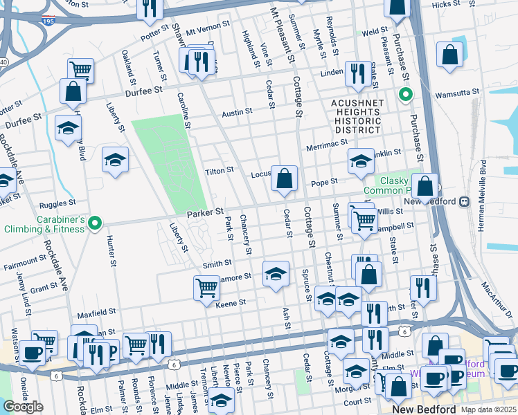 map of restaurants, bars, coffee shops, grocery stores, and more near 47 Shawmut Avenue in New Bedford