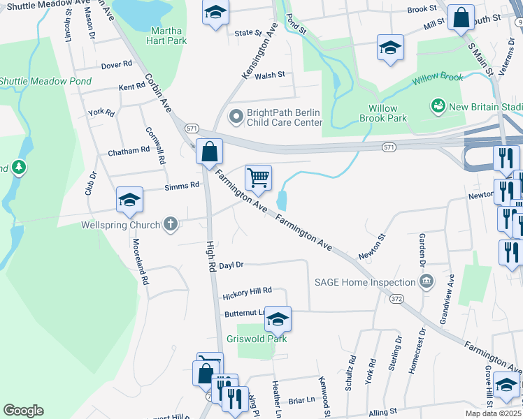 map of restaurants, bars, coffee shops, grocery stores, and more near 208 Farmington Avenue in Berlin