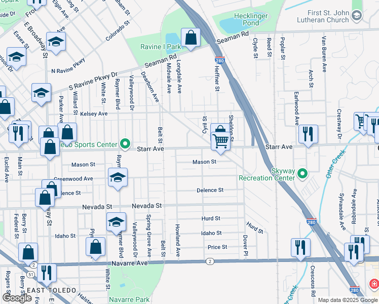 map of restaurants, bars, coffee shops, grocery stores, and more near in Toledo