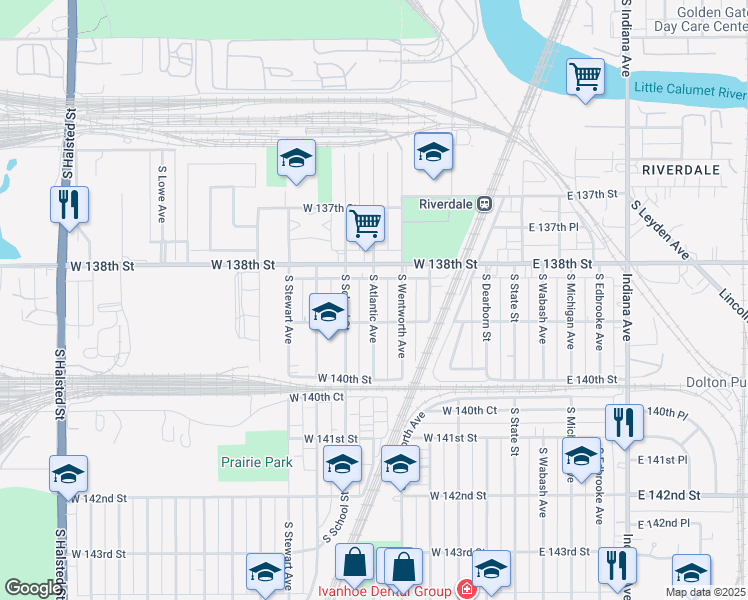map of restaurants, bars, coffee shops, grocery stores, and more near 13844 South Atlantic Avenue in Riverdale