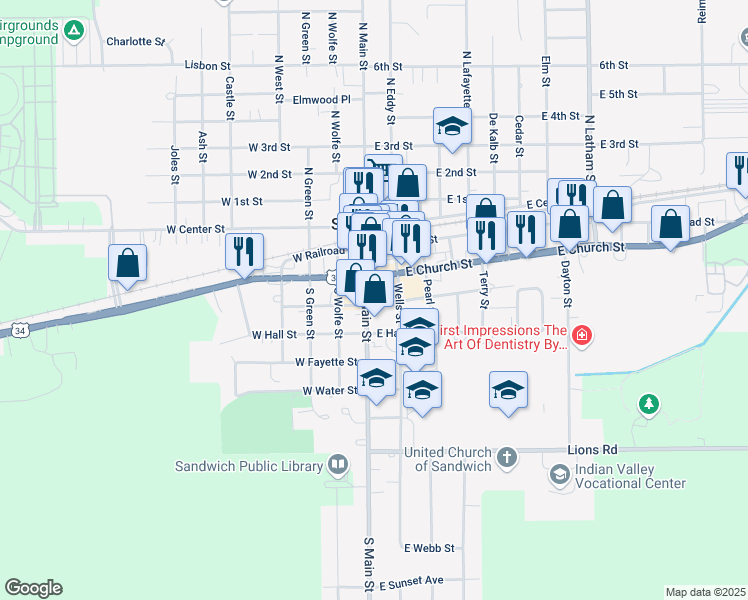 map of restaurants, bars, coffee shops, grocery stores, and more near 302 South Main Street in Sandwich