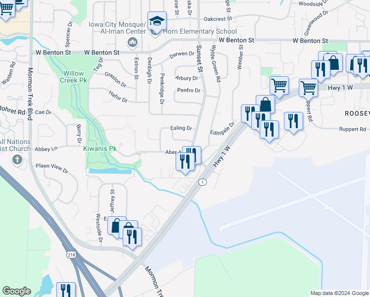map of restaurants, bars, coffee shops, grocery stores, and more near 1304 Sunset Street in Iowa City