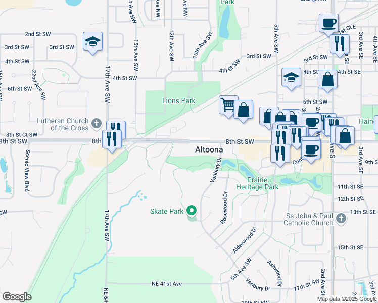 map of restaurants, bars, coffee shops, grocery stores, and more near 1108 8th Street Southwest in Altoona