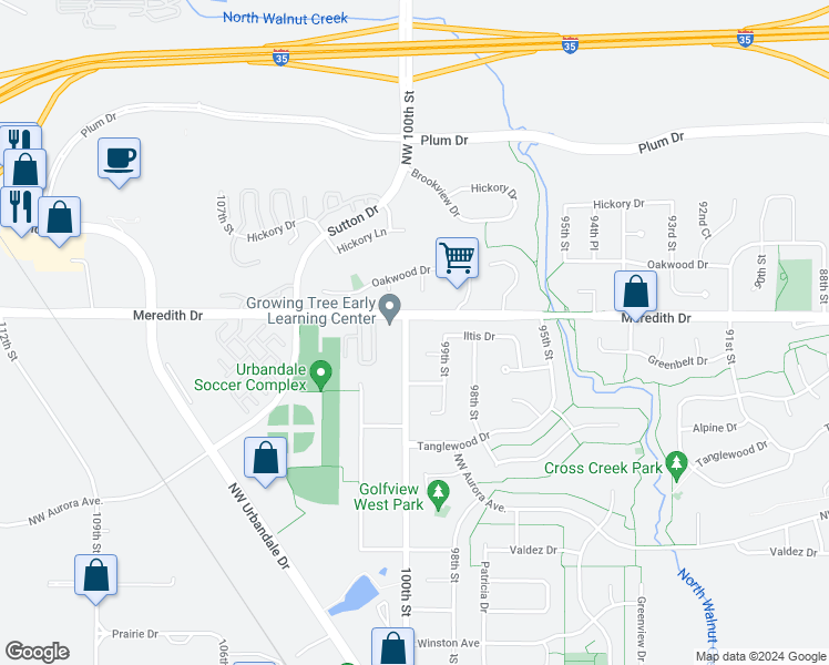 map of restaurants, bars, coffee shops, grocery stores, and more near 4520 100th Street in Urbandale