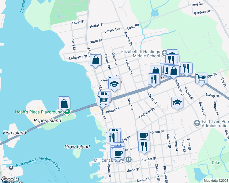 map of restaurants, bars, coffee shops, grocery stores, and more near 12 Huttleston Avenue in Fairhaven