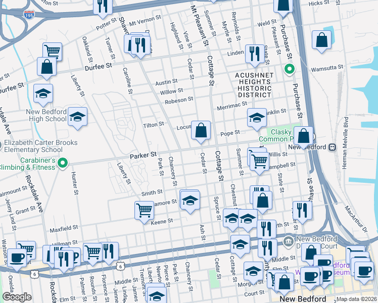 map of restaurants, bars, coffee shops, grocery stores, and more near 47 Shawmut Avenue in New Bedford