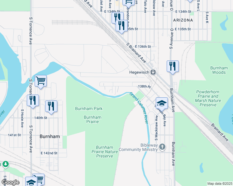 map of restaurants, bars, coffee shops, grocery stores, and more near 2910 138th Place in Chicago