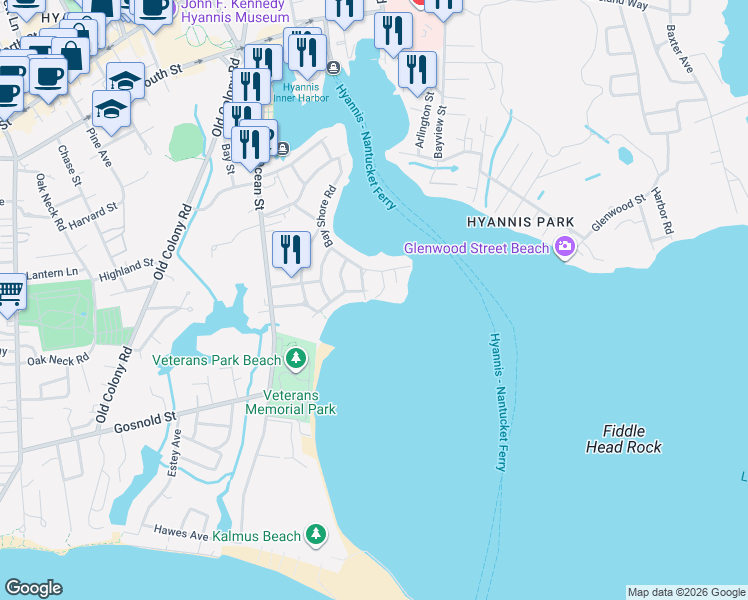 map of restaurants, bars, coffee shops, grocery stores, and more near 159 Harbor Bluff Road in Barnstable