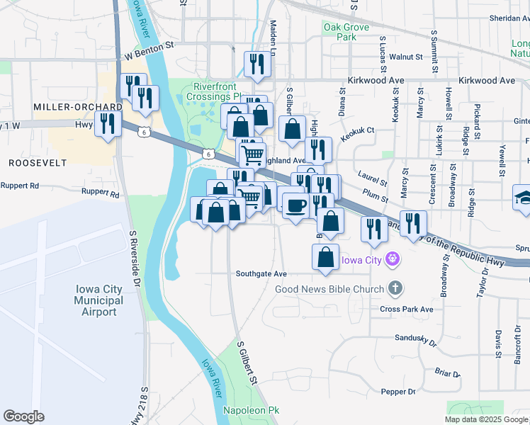 map of restaurants, bars, coffee shops, grocery stores, and more near 260 Stevens Drive in Iowa City
