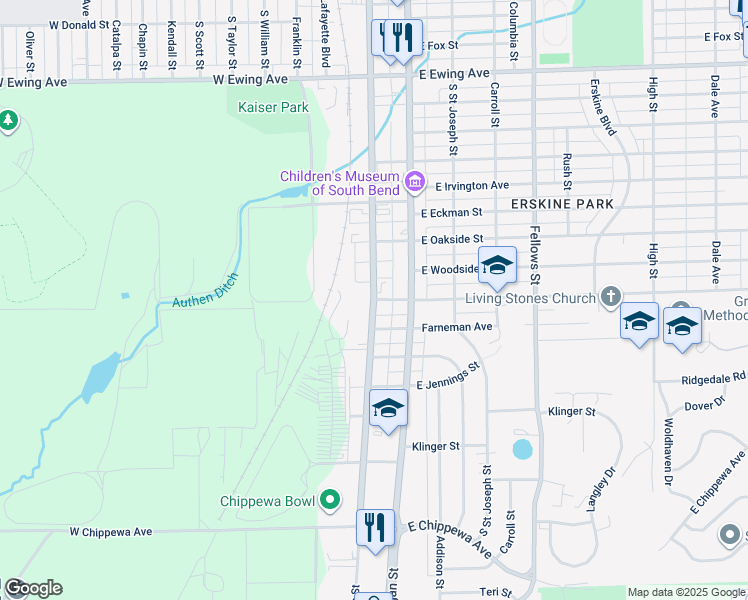 map of restaurants, bars, coffee shops, grocery stores, and more near 312 Donmoyer Avenue in South Bend