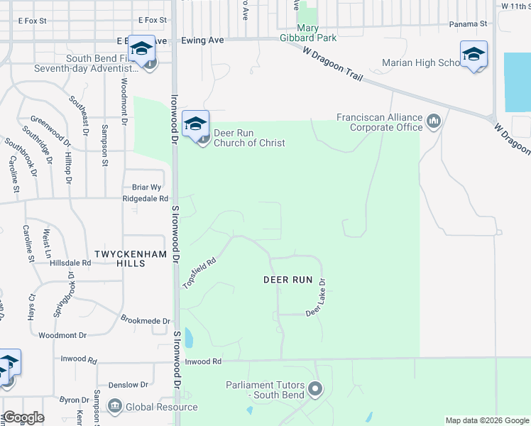 map of restaurants, bars, coffee shops, grocery stores, and more near 2580 Topsfield Road in South Bend