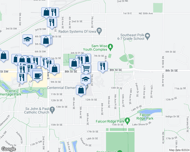 map of restaurants, bars, coffee shops, grocery stores, and more near 722 8th Street Southeast in Altoona