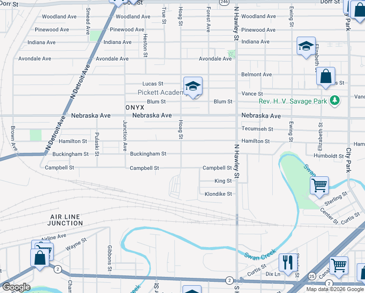 map of restaurants, bars, coffee shops, grocery stores, and more near 1201 Buckingham Street in Toledo