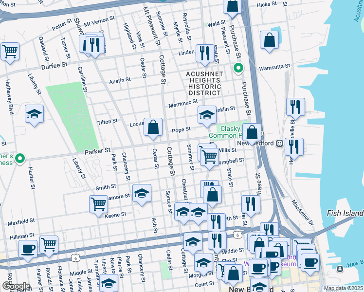 map of restaurants, bars, coffee shops, grocery stores, and more near 84 Willis Street in New Bedford