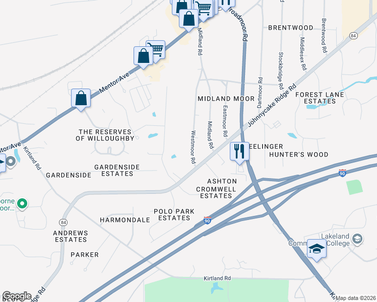 map of restaurants, bars, coffee shops, grocery stores, and more near 7339 Johnnycake Ridge Road in Mentor