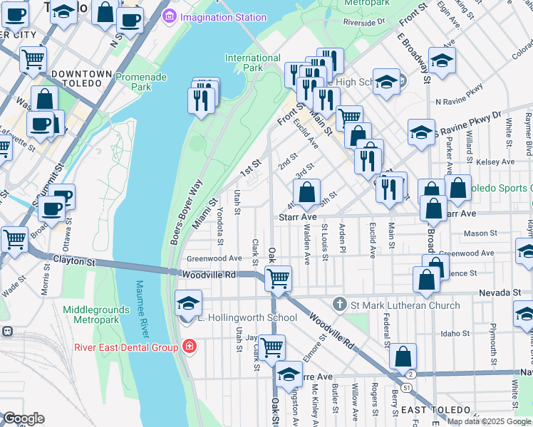 map of restaurants, bars, coffee shops, grocery stores, and more near in Toledo