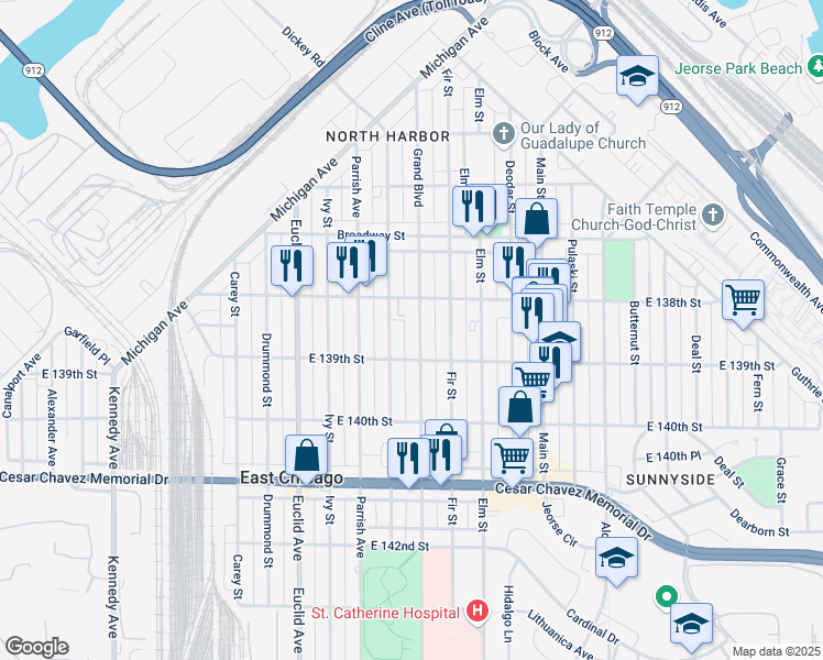 map of restaurants, bars, coffee shops, grocery stores, and more near in East Chicago
