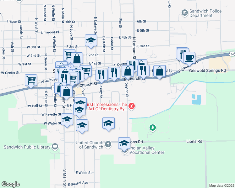 map of restaurants, bars, coffee shops, grocery stores, and more near 24 Dayton Street in Sandwich