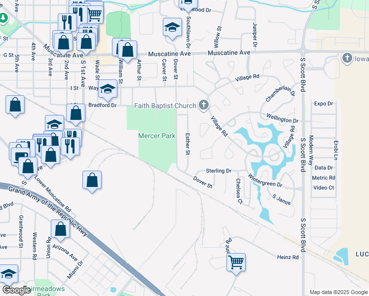 map of restaurants, bars, coffee shops, grocery stores, and more near 1602 Esther St in Iowa City