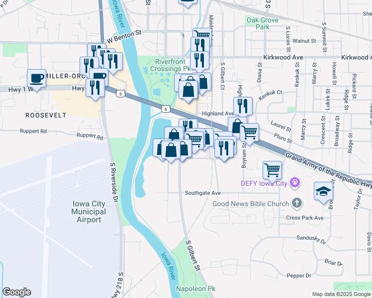 map of restaurants, bars, coffee shops, grocery stores, and more near 204 Stevens Dr in Iowa City