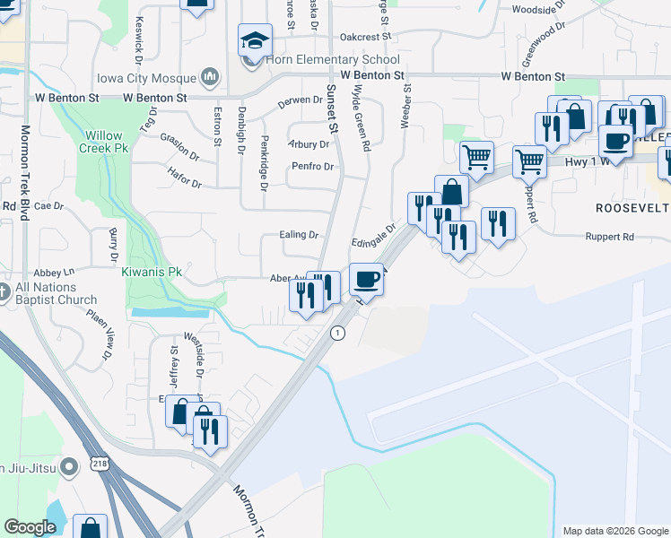 map of restaurants, bars, coffee shops, grocery stores, and more near 1304 Sunset Street in Iowa City
