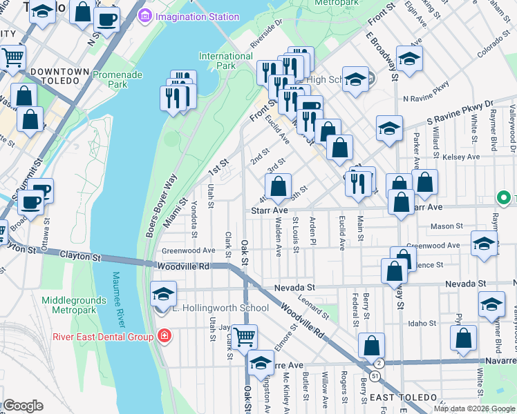 map of restaurants, bars, coffee shops, grocery stores, and more near 336 4th Street in Toledo